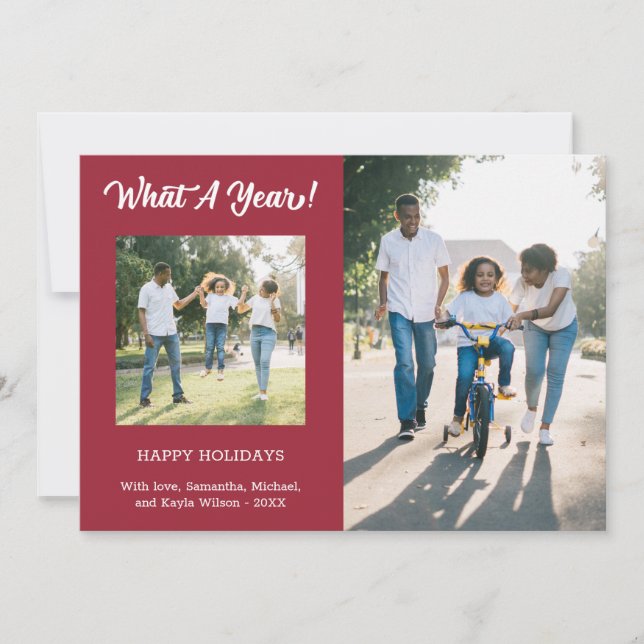 What A Year Modern 3 Photo Burgundy Holiday Card (Front)