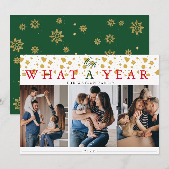What A Year Modern 3 Photo Collage Holiday Card (Front/Back)