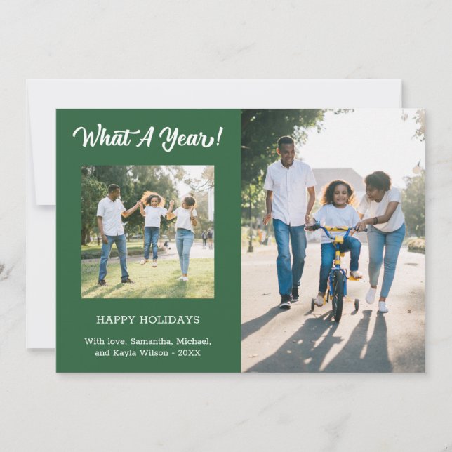 What A Year Modern 3 Photo Green Holiday Card (Front)
