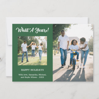 What A Year Modern 3 Photo Green Holiday Card