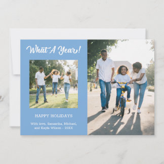 What A Year Modern 3 Photo Light Blue Holiday Card