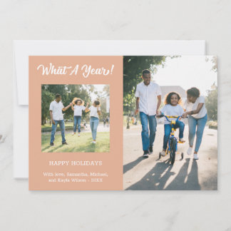What A Year Modern 3 Photo Peach Holiday Card