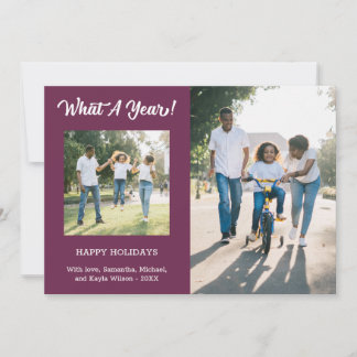 What A Year Modern 3 Photo Purple Holiday Card