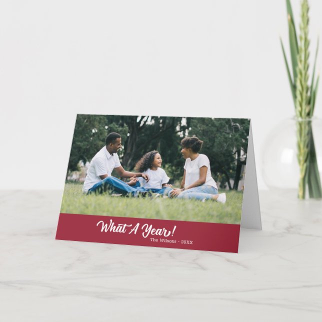 What A Year Modern Photo Burgundy Red Holiday Card (Front)