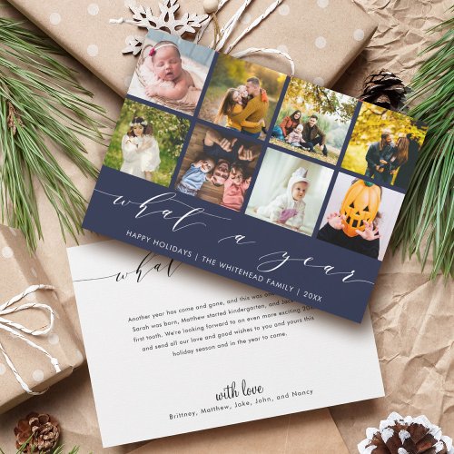 What a Year  Navy Happy Holidays Photo Collage Holiday Card