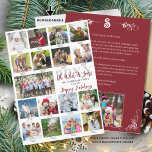 What A Year Photo Collage Captions Year in Review Holiday Card<br><div class="desc">Modern, unique holiday greeting card featuring an easy-to-upload photo collage template for 17 pictures with captions on the front and the year with your custom title and greeting (the sample shows OH WHAT A YEAR and HAPPY HOLIDAYS) in modern hand lettered script typography shown in a customizable crimson red color...</div>