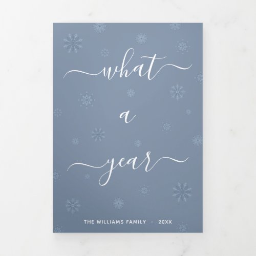 What A Year Photo Year in Review Dusty Blue Tri_Fold Holiday Card