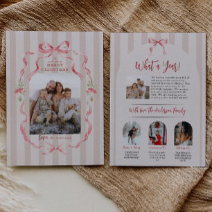 What A Year Pink Stripes Coquette Bow Wreath Photo Holiday Card