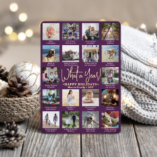 What a Year! Purple 18 Photo Collage & Captions Foil Holiday Card