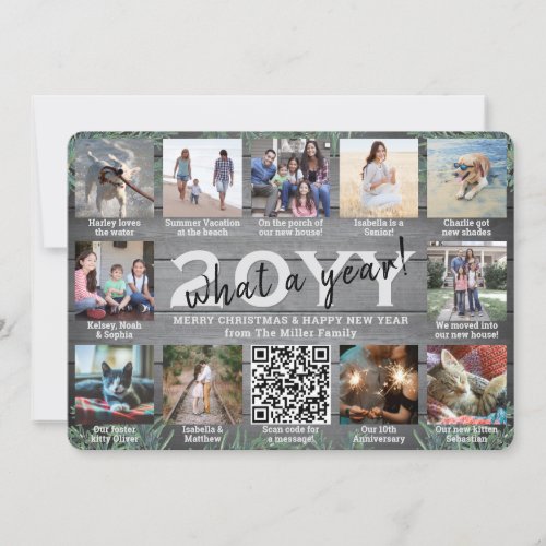 What a Year QR Code 12 Photo Collage Wood  Pine Holiday Card