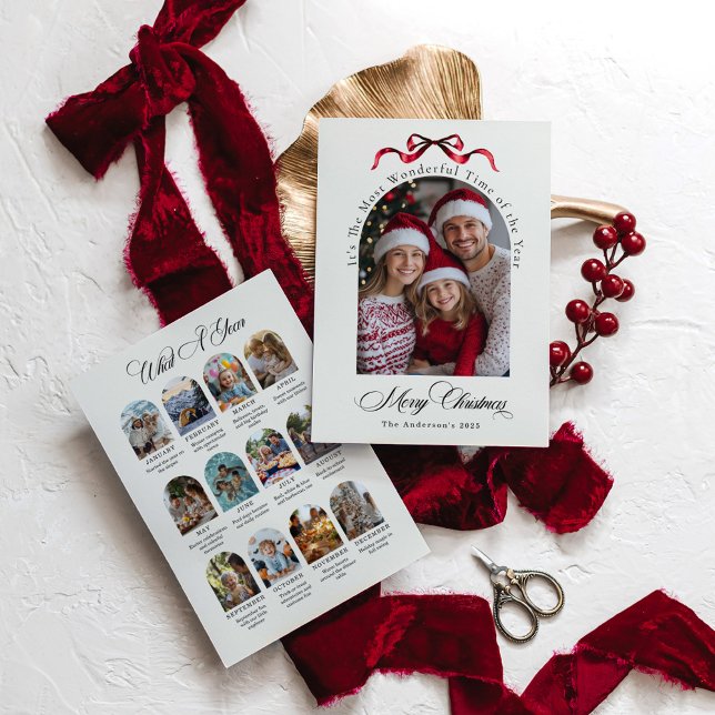 What a Year Red Bow Year in Review Family Photo Holiday Card (Creator Uploaded)