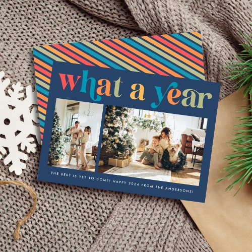What a Year Retro Colorful 2 Photo Christmas Holiday Card