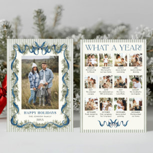 What a Year Sage Green Blue Bow Christmas 13 Photo Holiday Card