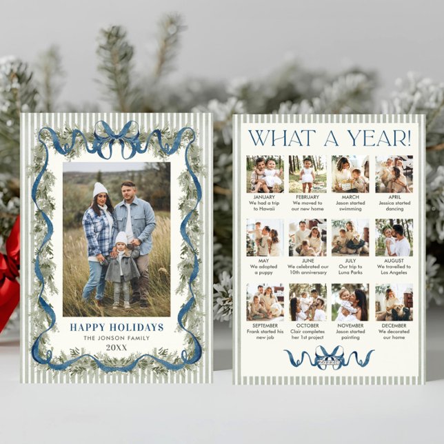 What a Year Sage Green Blue Bow Christmas 13 Photo Holiday Card (Creator Uploaded)