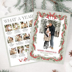 What a Year Sage Green Red Bow Christmas 13 Photo Holiday Card