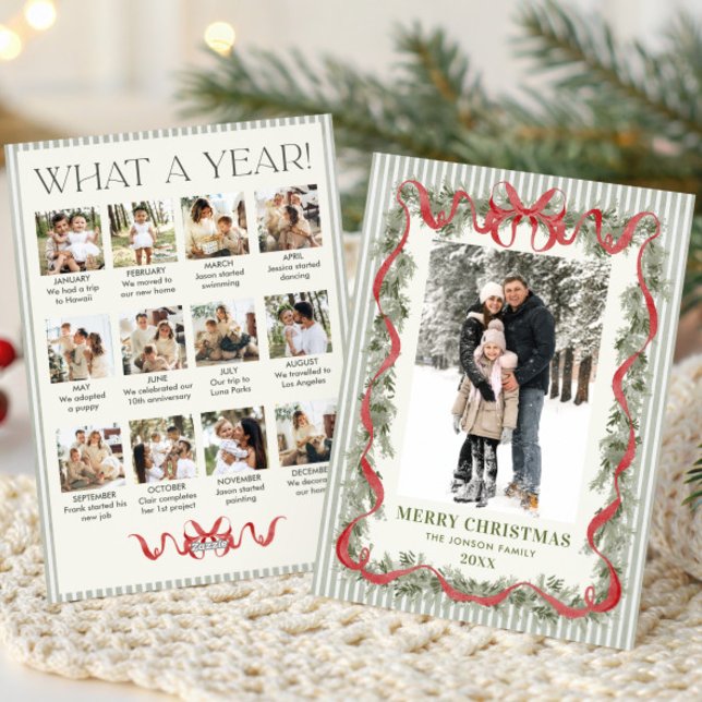 What a Year Sage Green Red Bow Christmas 13 Photo Holiday Card (Creator Uploaded)