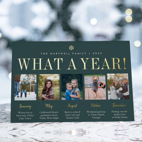 What a Year  Year in Review 5 Photo Collage Foil Holiday Card