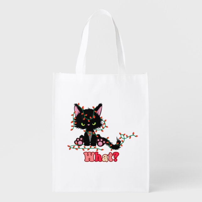What Black Cat Funny Black Cat Christmas Lights Grocery Bag (Front)