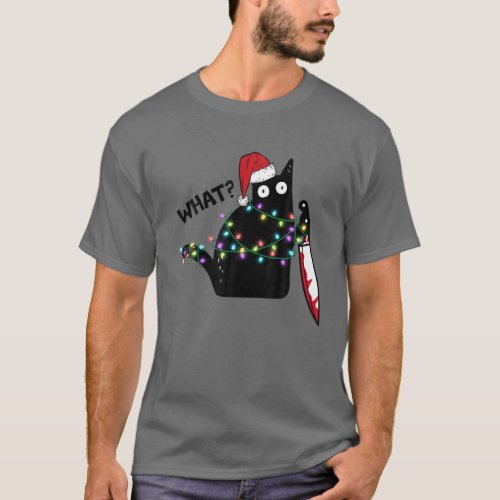 What Cat With Knife Santa Hat Xmas Lights Funny Ch T_Shirt