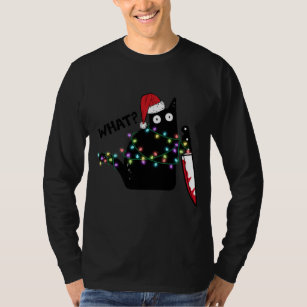 What Cat With Knife Santa Hat Xmas Lights Funny T-Shirt