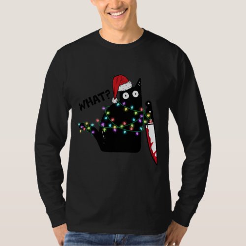 What Cat With Knife Santa Hat Xmas Lights Funny T_Shirt