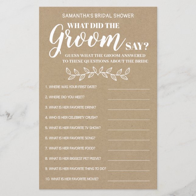 What did Groom say bridal shower bilingual game (Front)