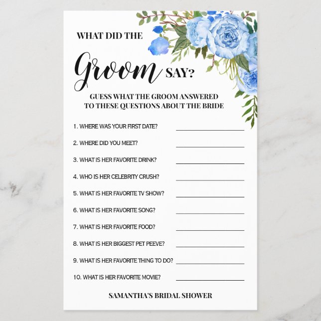 What did Groom Say Bridal Shower Blue Game Card Flyer (Front)