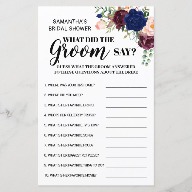 What did Groom say bridal shower game bilingual (Front)