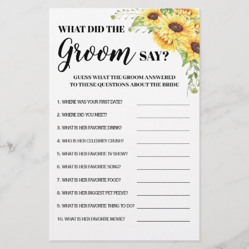 What did Groom Say Bridal Shower game card Flyer
