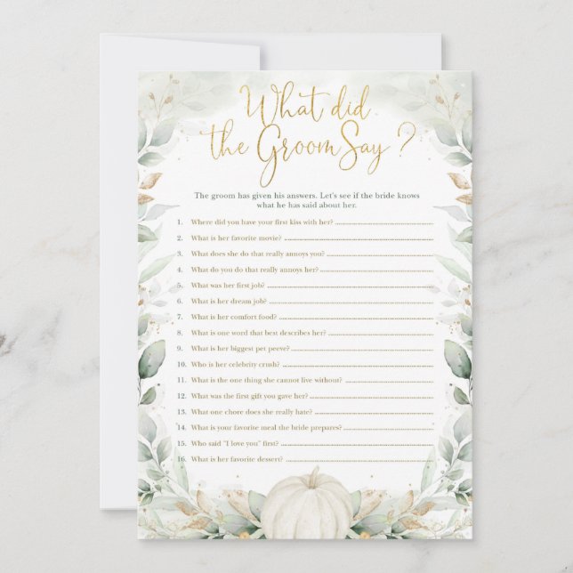 What did Groom Say Fall Pumpkin Bridal Shower Game (Front)