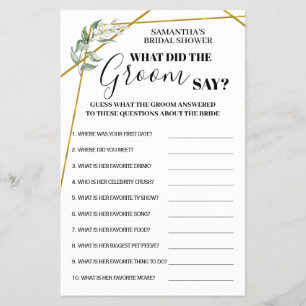 What did Groom Say Greenery Gold Shower game card Flyer