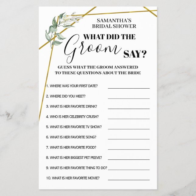 What did Groom Say Greenery Gold Shower game card Flyer (Front)
