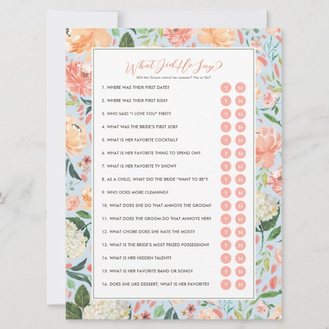 What Did He Say Groom Bridal Shower Game Invitation (Front)