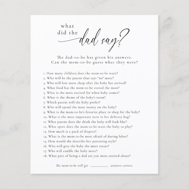 What Did The Dad Say? Baby Shower Game Card Flyer (Front)