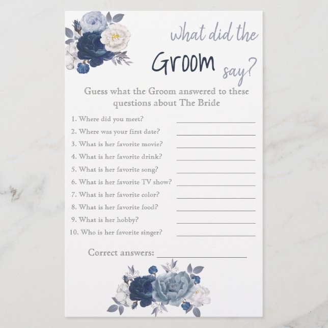 What did the Groom say? Blue Flower Shower Game Flyer (Front)
