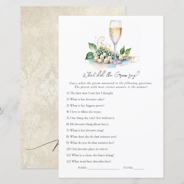 "What Did the Groom Say?" Bridal Shower Game (Front/Back)