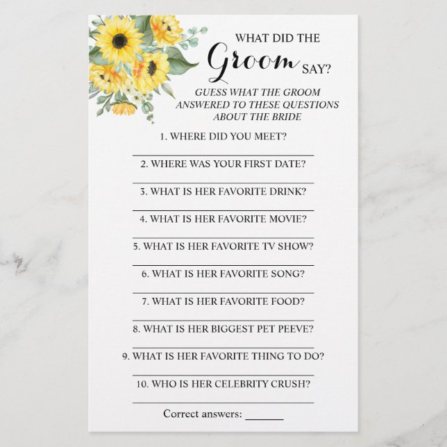 What did the Groom Say Bridal Shower Game Card Flyer (Front)
