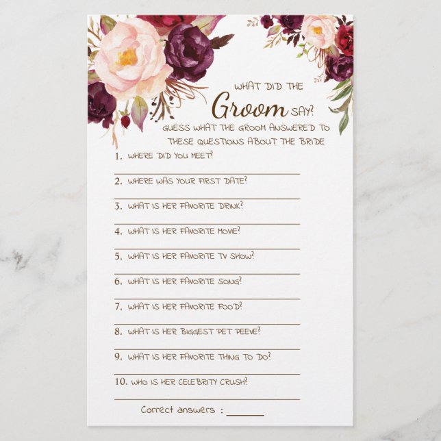 What did the Groom Say Bridal Shower Game Card Flyer (Front)