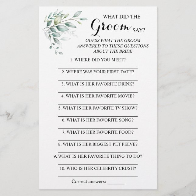 What did the Groom Say Bridal Shower Game Card Flyer (Front)
