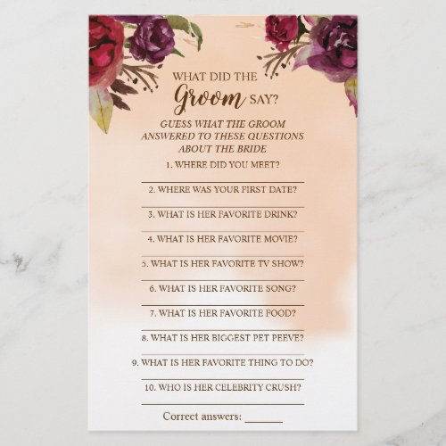 What did the Groom Say Bridal Shower Game Card Flyer