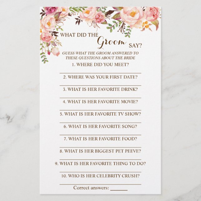 What did the Groom Say Bridal Shower Game Card Flyer (Front)