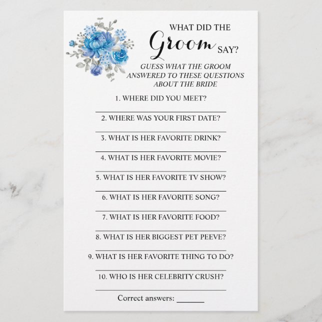What did the Groom Say Bridal Shower Game Card Flyer (Front)
