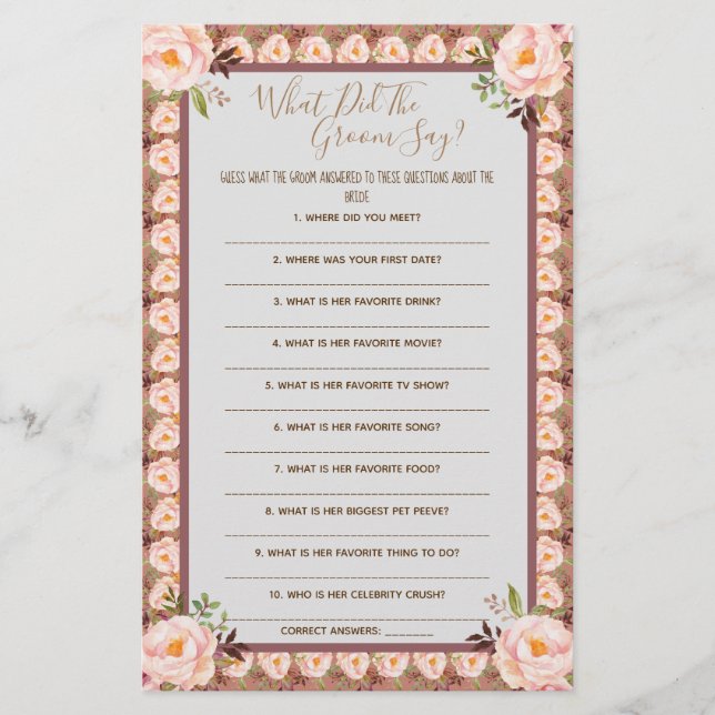What did the Groom Say Bridal Shower Game Card Flyer (Front)