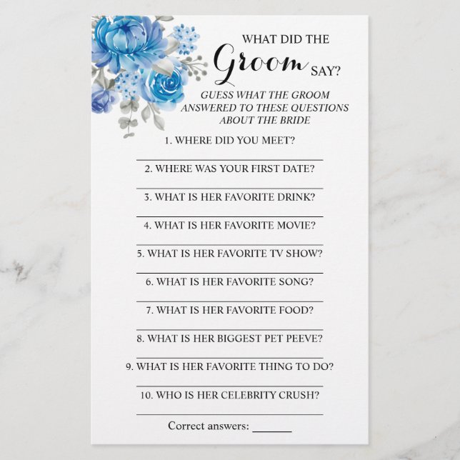 What did the Groom Say Bridal Shower Game Card Flyer (Front)