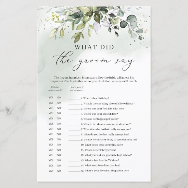 What did the groom say bridal shower game green (Front)