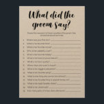 What Did The Groom Say Bridal Shower Game Program<br><div class="desc">This game is the perfect way to keep your guests entertained at a bridal shower or other wedding event!

Simply ask the groom the questions before the event and record his answers. The guest that matches the most of the grooms answers wins!</div>
