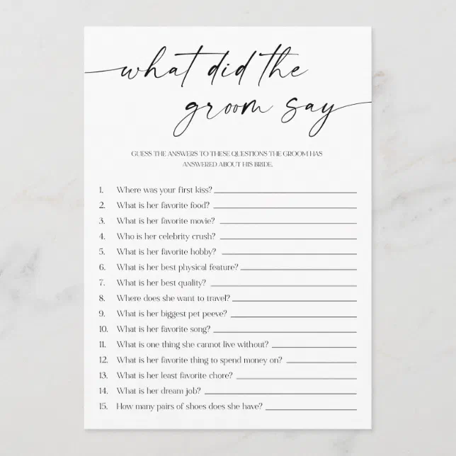 What Did The Groom Say Bridal Shower Game Program | Zazzle