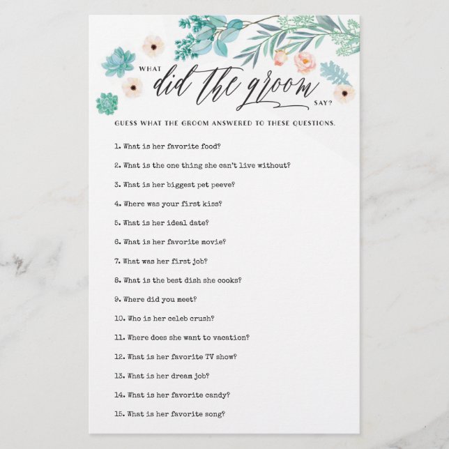 What Did the Groom Say Floral Bridal Shower Game (Front)