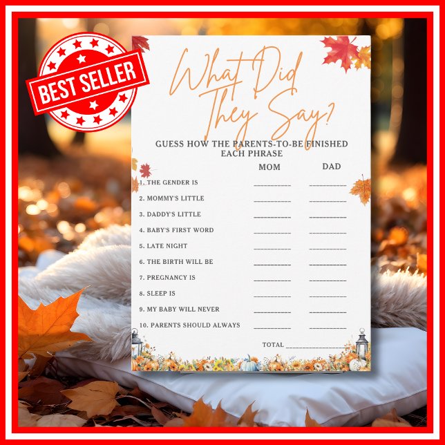 WHAT DID THEY SAY Baby Shower Game Little Pumpkin Invitation (WHAT DID THEY SAY Easy Baby Shower Game A Little Pumpkin is on the Way Theme)