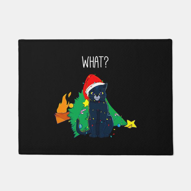 What Funny Black Cat Christmas Tree Party Doormat (Front)